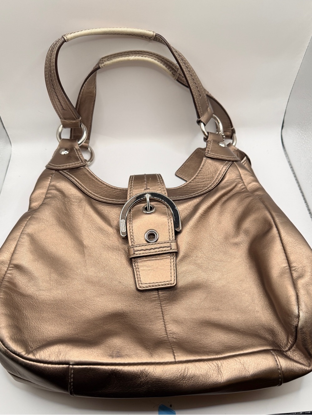 Coach Metallic Bronze Leather Shoulder Bag with Buckle Detail
